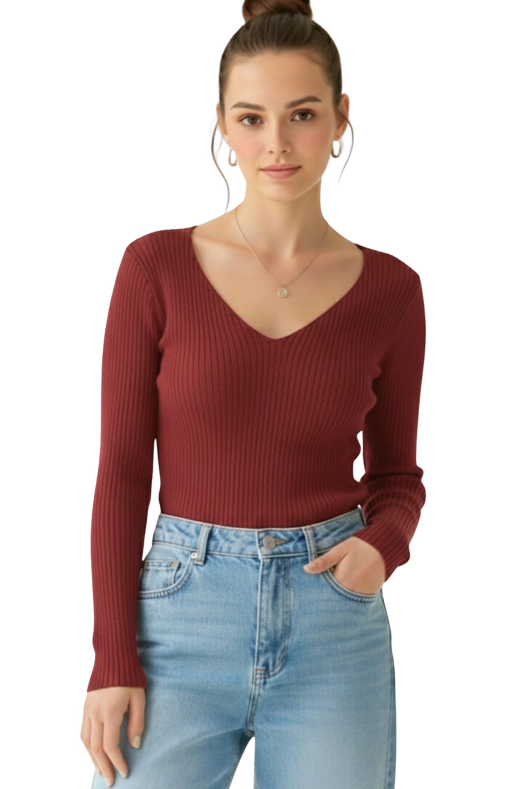 Upadesham Long Sleeve Shirts for Women 2026 Fall Fashion V Neck Basics Crop Tops Slim Fitted Outfits Clothes Women's Sexy Deep Fit Fleece Lined T Shirt Tunic Tops-picture-31