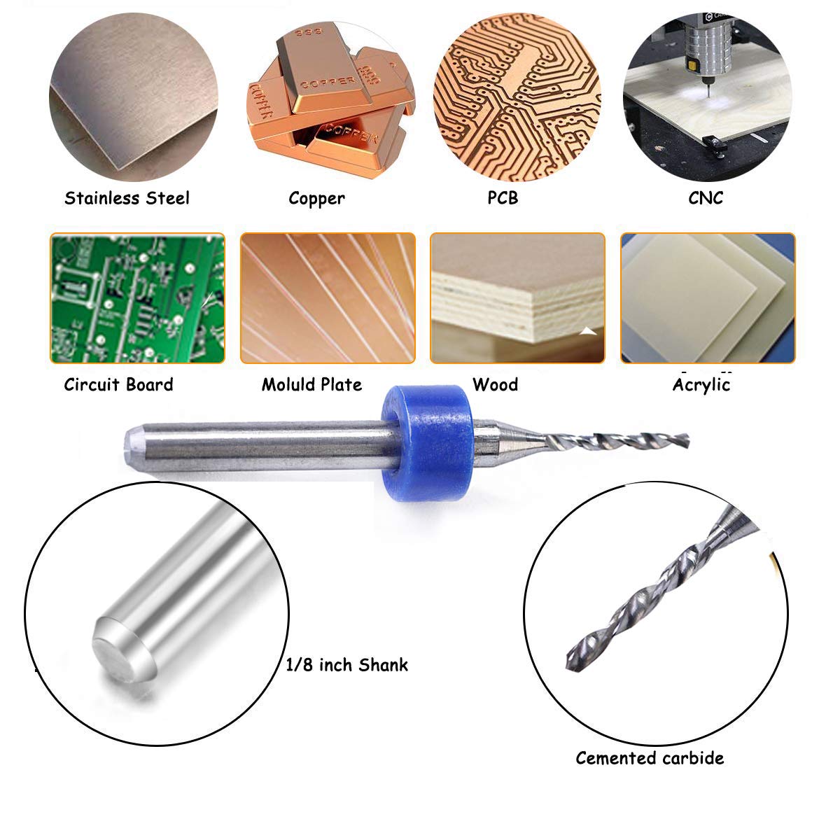 YXQ 10Pcs 0.1-1.0mm Carbide CNC Drill Bits Engraving Micro Set Tip Spiral Flute PCB Rotary Tool Jewelry Print Circuit Board (0.1-1.0mm)