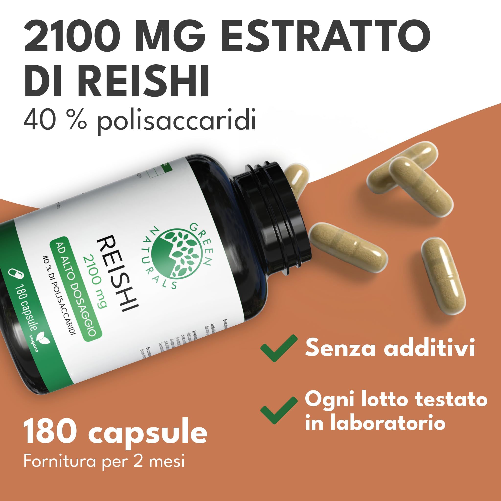 Green Naturals® Reishi Estratto Capsule – Alto dosaggio: 2100 mg con 40% polisaccaridi (840 mg) – Ganoderma lucidum (Ling Zhi) – Vegan – Prodotto in Germania – 180 capsule