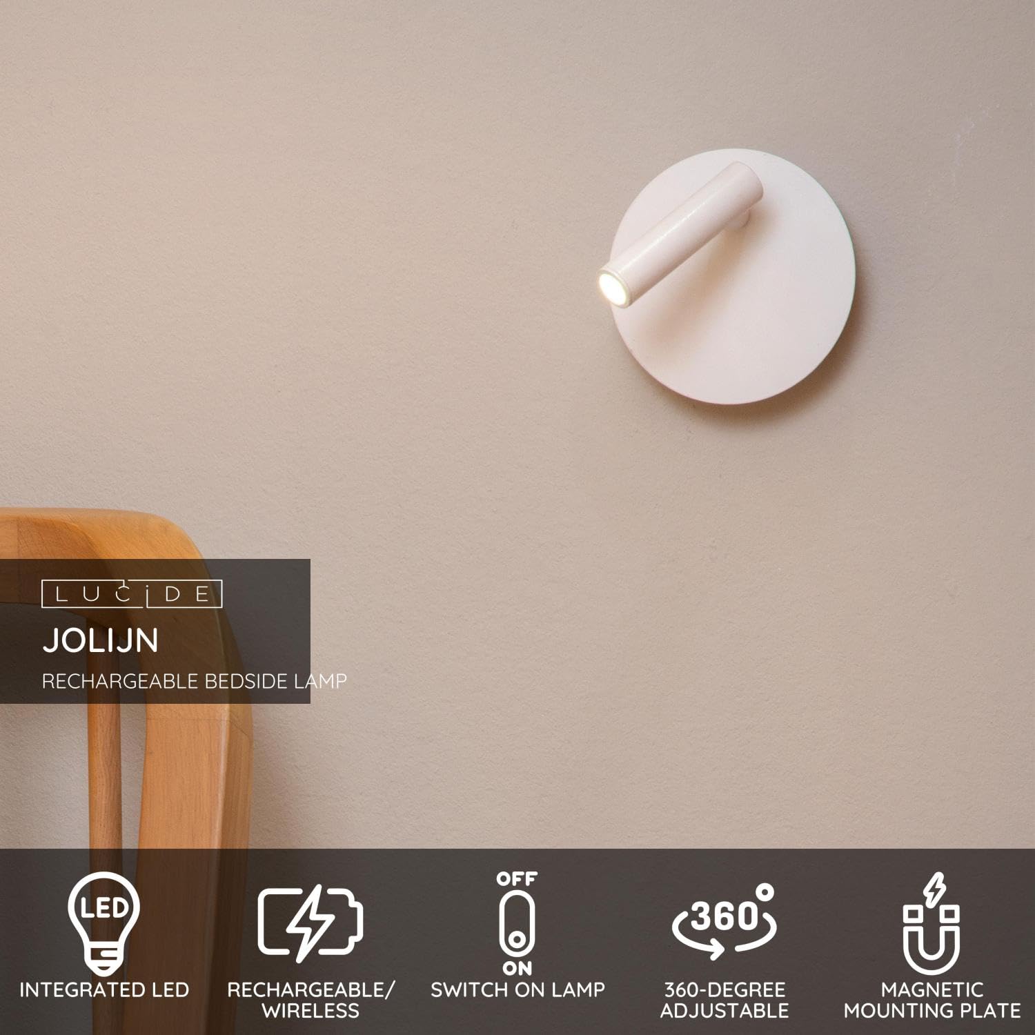 LUCIDE JOLIJN - Lampe de chevet/Applique mural Rechargeable - Batterie/Piles - Ø 10,2 cm - LED - 1x2W 3000K - Magnétique - Blanc