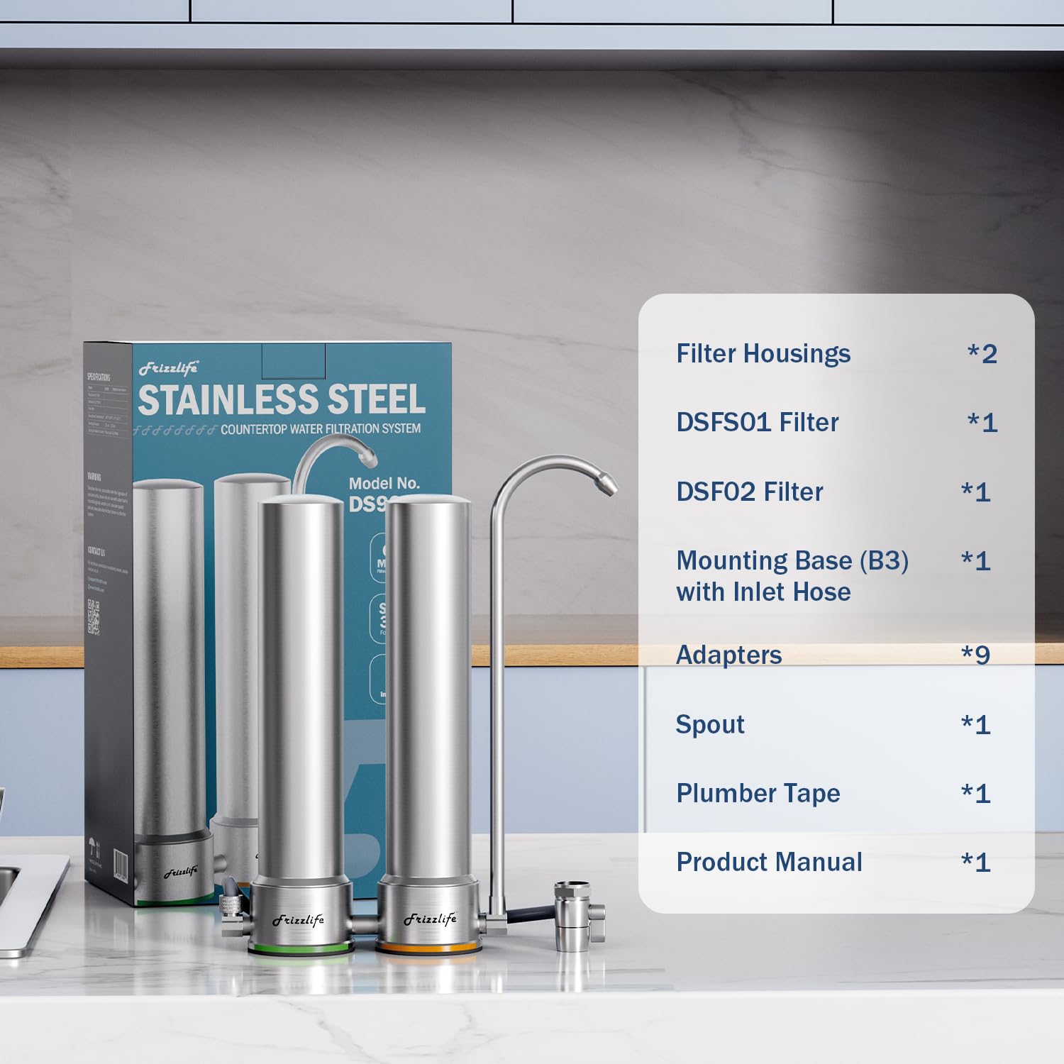 Frizzlife DS99-S Sistema de filtrado de agua para encimera, Filtración de agua de acero inoxidable en 8 etapas,0,5 micras Reduce en un 99% el plomo,el cloro,los metales pesados y la acumulación de cal
