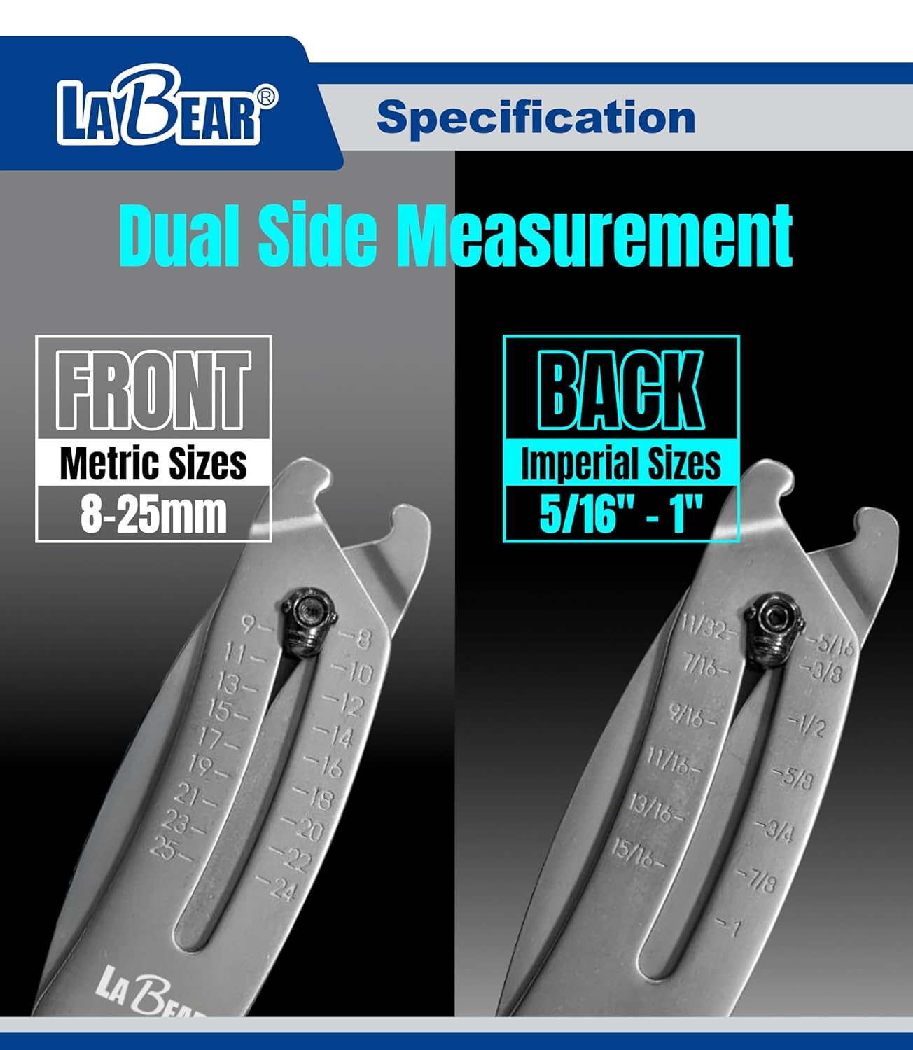 LABEAR Elite Nut and Bolt Size Identifier Keychain, Pro-Grade SAE & Metric Thread Gauge (8-25mm, 5/16"-1") Heavy-Duty Steel Fastener Checker & Wrench Size Finder, Permanent Stamped Markings