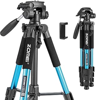 Zomei Q111 Camera Tripod Mobile Phone Tripod, Aluminum Alloy Travel Tripod Lightweight Camera Tripod 3 Way Swivel Head, Quick Release Plate, Phone Holder and Bag, 47-140cm (Blue)