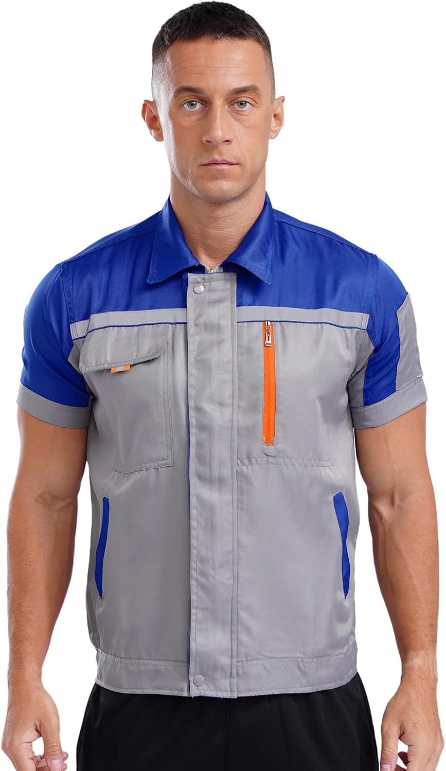 ranrann Mens Industrial Color Block Short Sleeve Reflective Stripes Shirt Zipper Button Pockets Factory Auto Mechanic Uniform