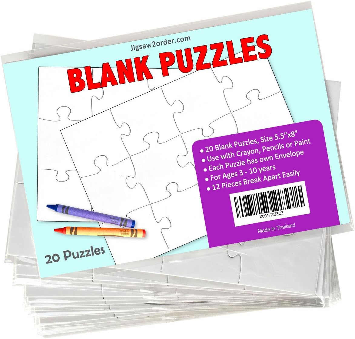 Jigsaw2order 12 Piece Blank Puzzle Craft Activity, Pack of 20 Puzzles, Size 5.5" x 8" with Individual Envelope