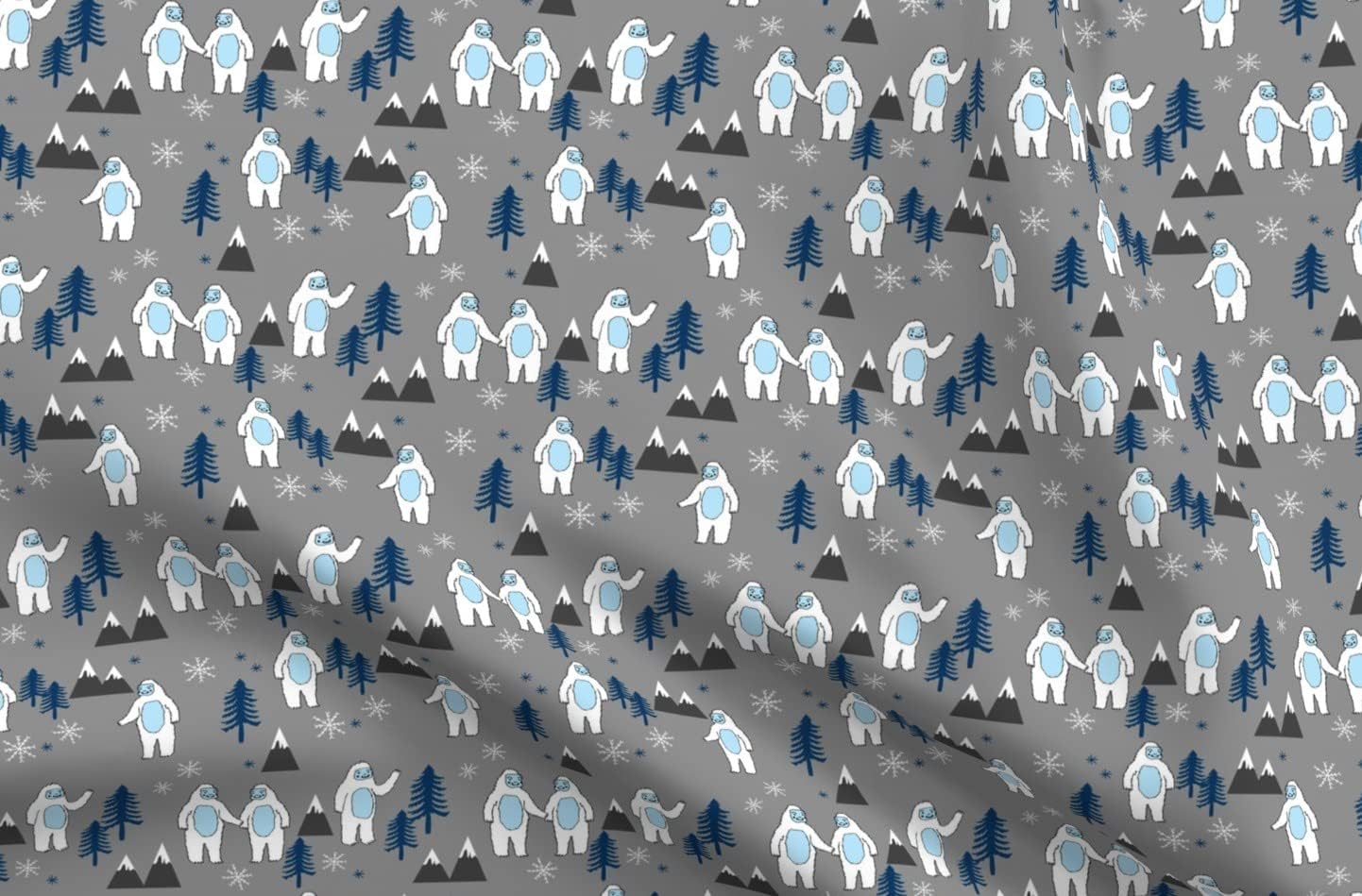 Spoonflower Fabric - Christmas Winter Snow Gray Blue Snowman Mountains Bigfoot Printed on Organic Cotton Sateen Fabric by The Yard - Sewing Quilting Apparel Home Decor