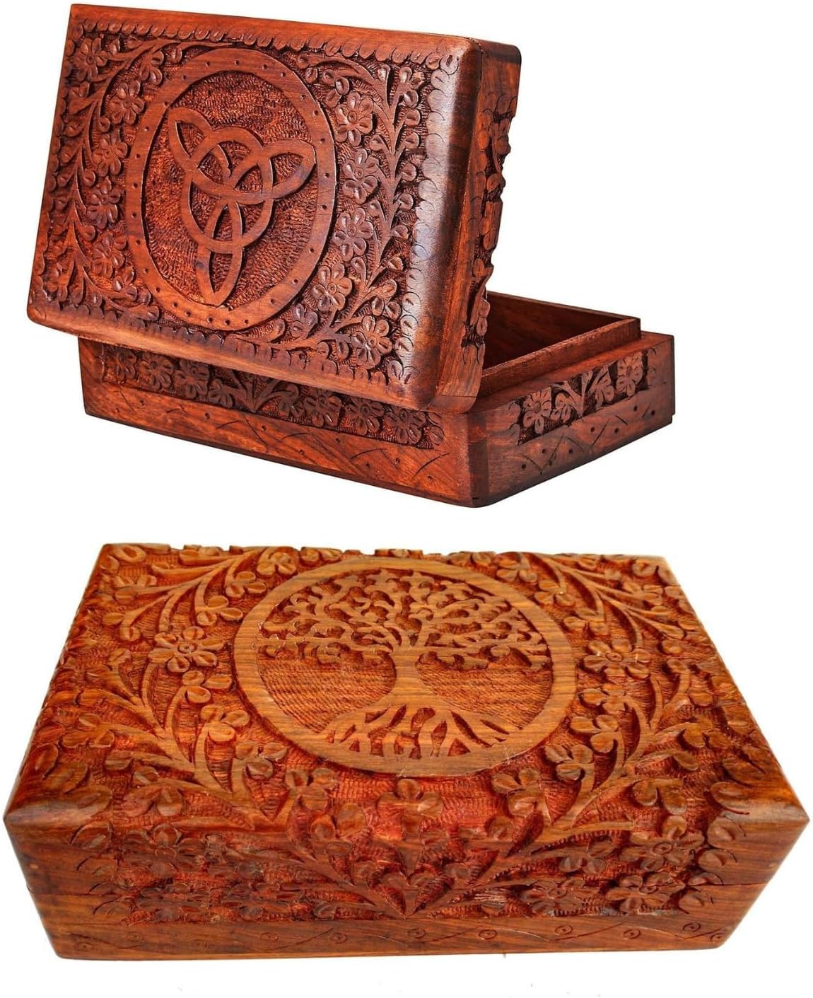 Handmade Wooden Jewelry Box With Tree Of Life Carving - 9x6x6 Inches, Antique Finish Organizer