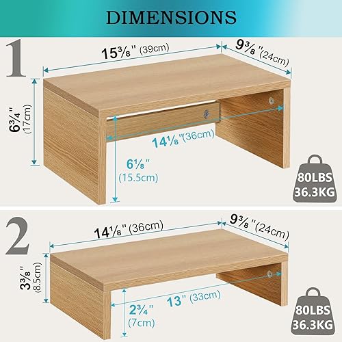 Miniatura 4 de TEAMIX Soporte extraíble para monitor, paquete de 2, soporte de monitor ajustable de madera de 2 niveles, elevador de monitor doble para 2