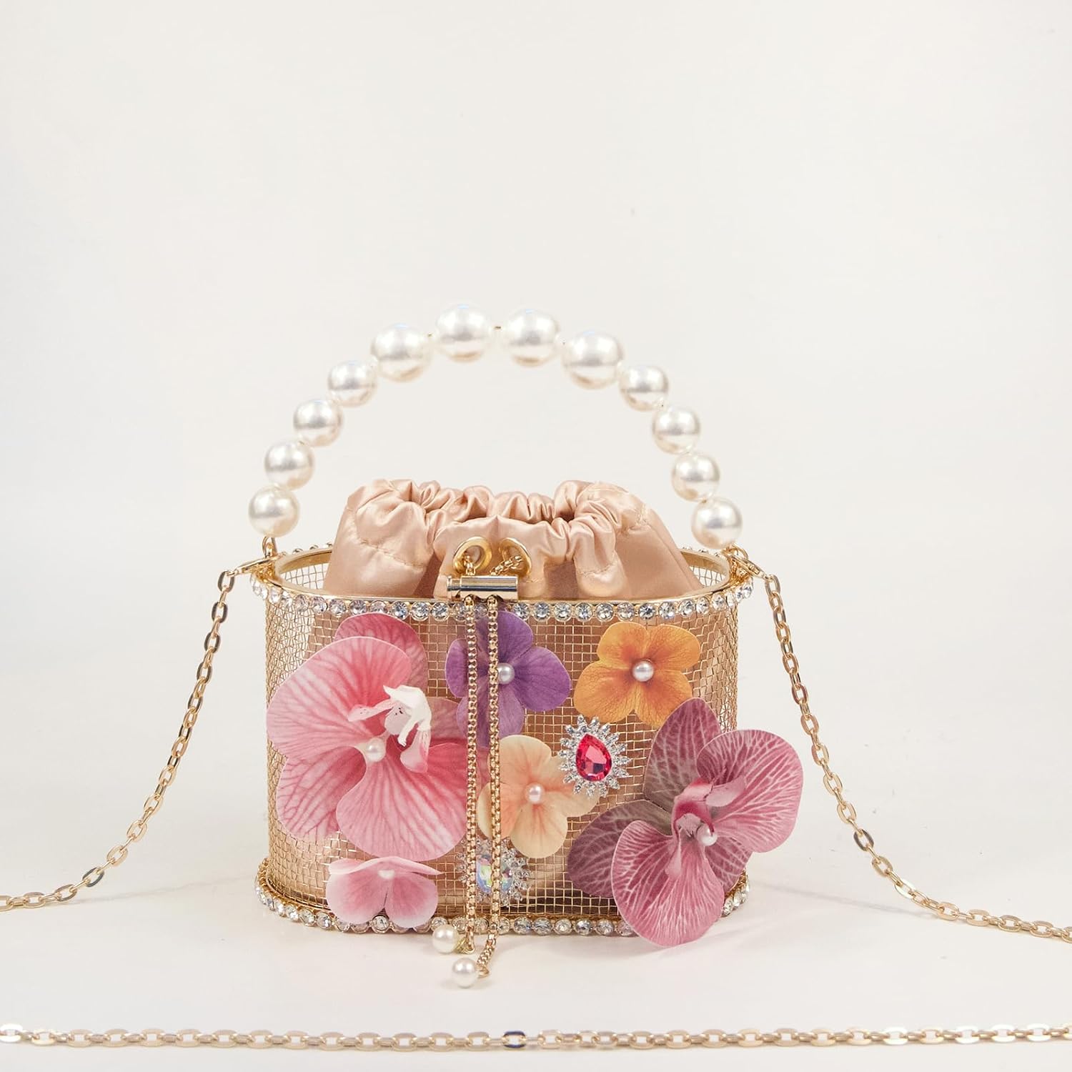 Luxury Women's Party Flower Shaped Rhinestone Gold Evening Metallic Bucket Crossbody bag,Designer Handbags, - Image 3