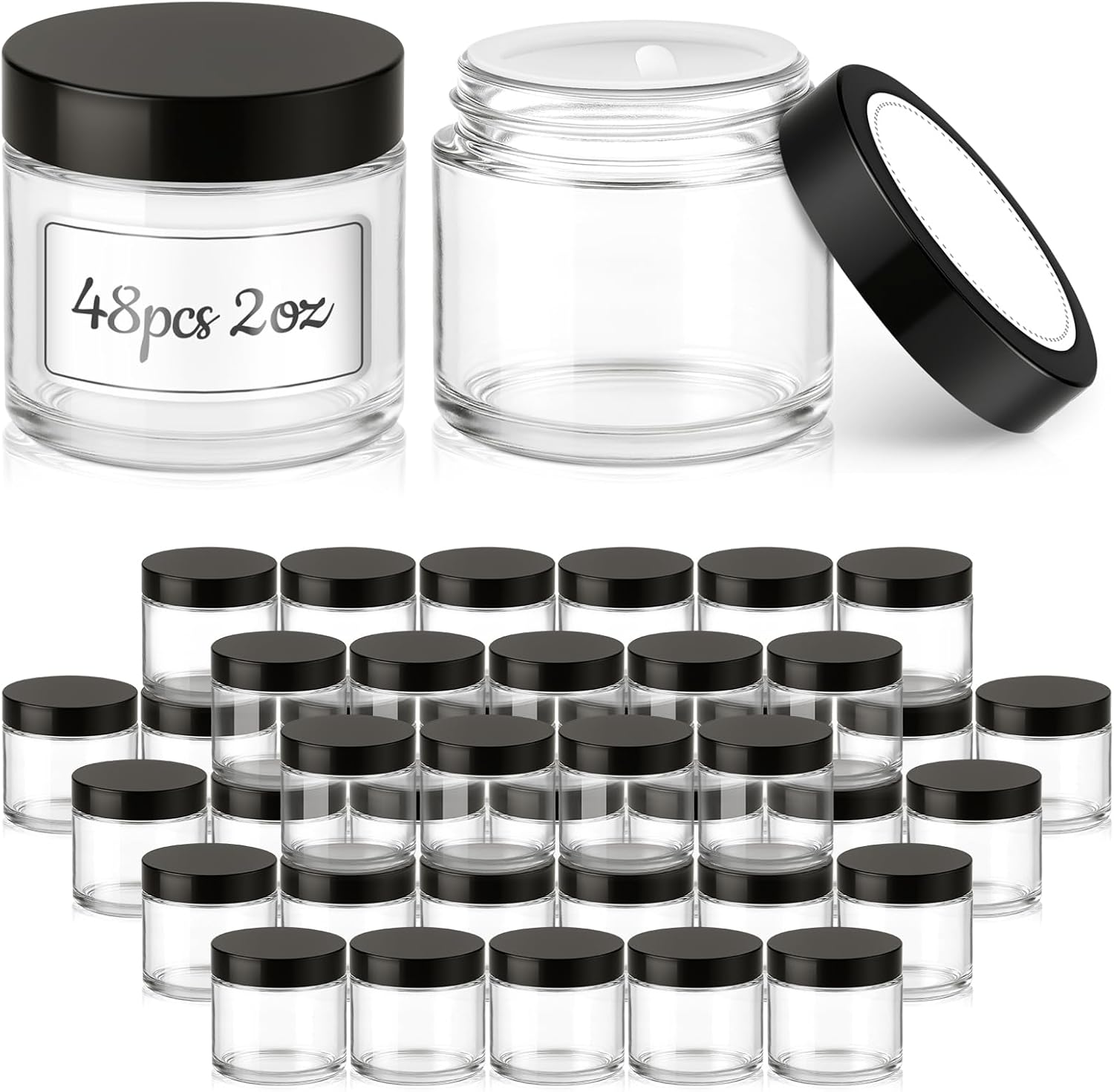 2 oz Small Glass Containers With Lids, Bumobum 48 Pack Clear Cream Jars with Lids, White Labels & Inner Liners, Empty Round Clear Cosmetic Jars for Ointments, Lotions