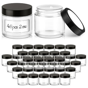 2 oz Small Glass Containers With Lids, Bumobum 48 Pack Clear Cream Jars with Lids, White Labels & Inner Liners, Empty Round Clear Cosmetic Jars for Ointments, Lotions