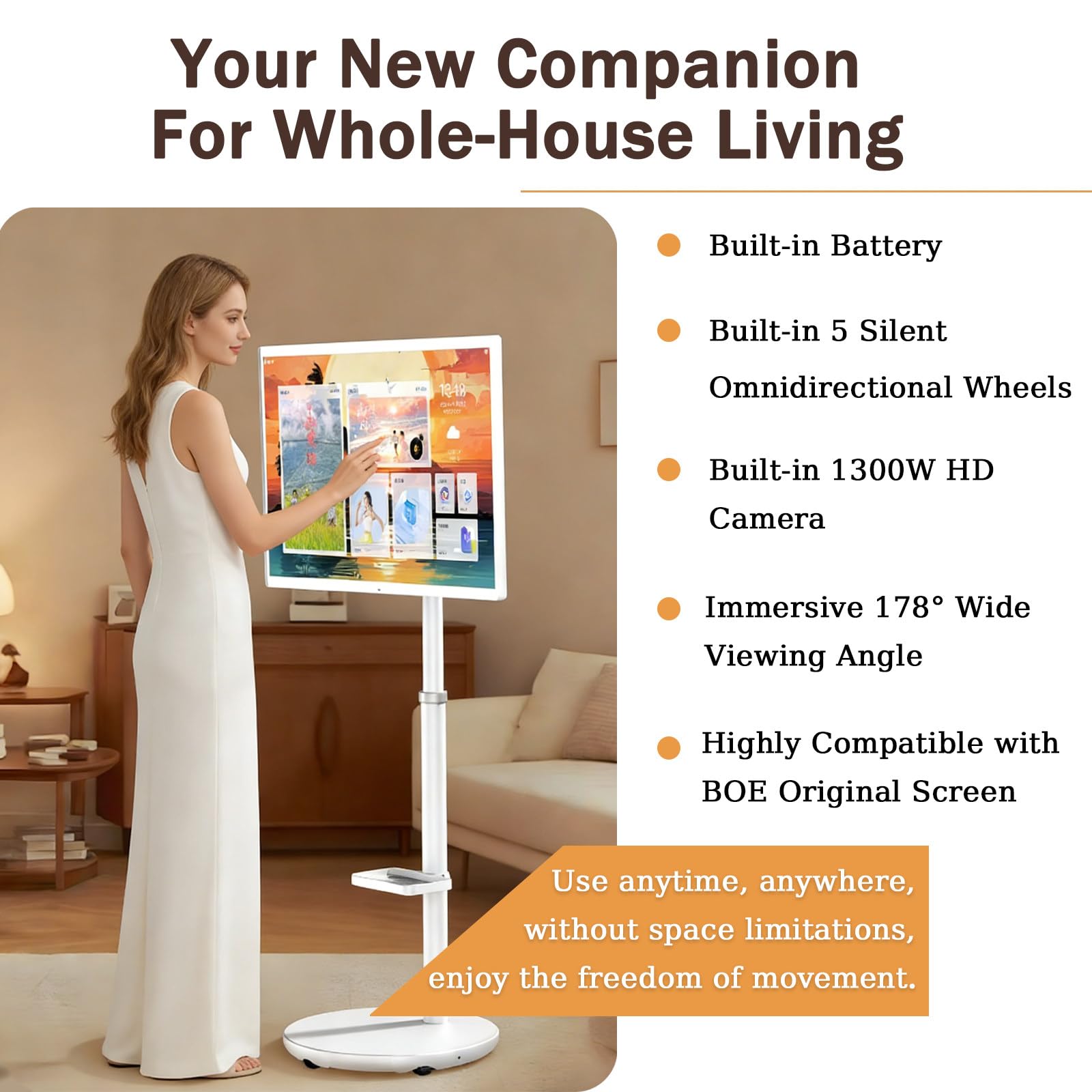 TV Touchscreen - TV Portatile IPS FHD da 32 Pollici, Ruote a 360°, Supporto Regolabile in Altezza, Ideale per Cucinare, Allenarsi e videoconferenze