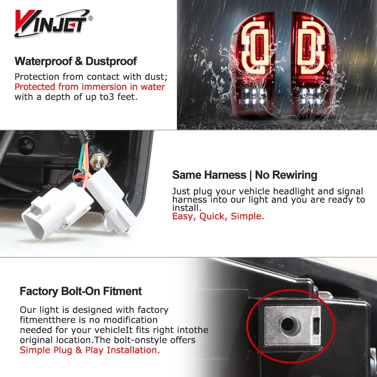 Winjet LED Tail Light Assembly for 2016-2022 Toyota Tacoma DRL Taillights Rear Lights with Sequential Turn Signal, Driver and Passenger side Red Lens