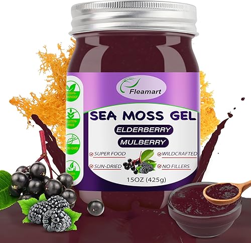 Seamoss Gel de saúco sabor morera de 15 onzas, gel natural de musgo marino irlandés orgánico crudo para apoyo digestivo de la tiroides, gel de musgo