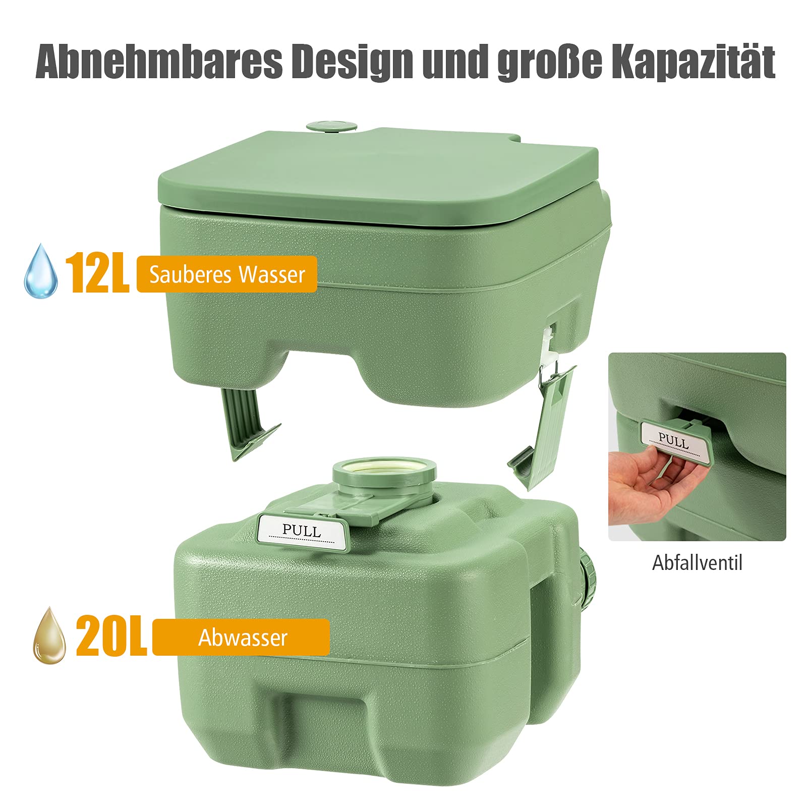 COSTWAY 20L + 12L Campingtoilette mit abnehmbarem Abwassertank, Campingklo tragbar, Reisetoilette, Mobile Toilette für Reise, Camping und Wohnmobil