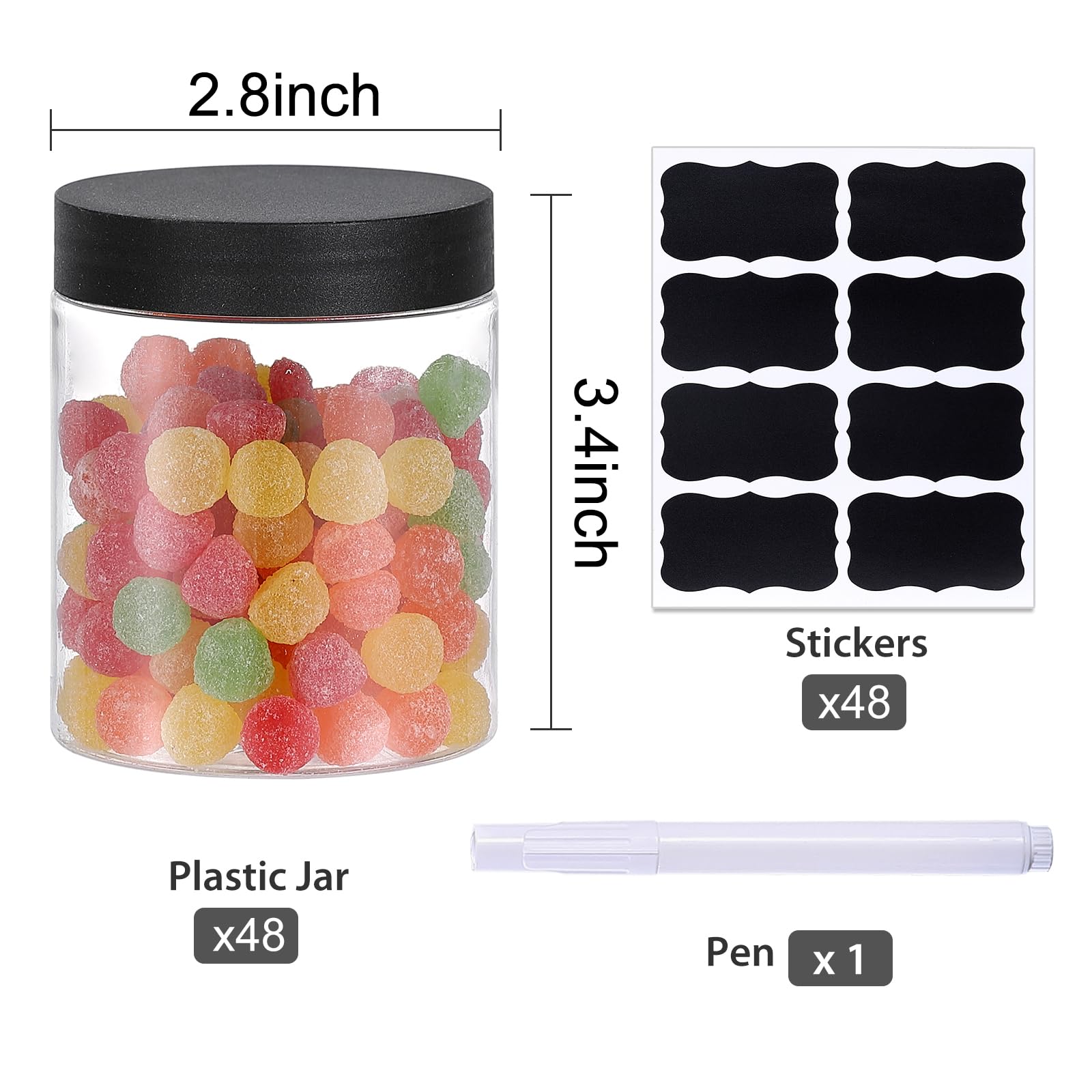 OUSHINAN Zestaw 48 plastikowych słoików 236,8 g z zakręcanymi pokrywkami, długopis i etykiety, puste pojemniki na slime do przechowywania suchej żywności, do makijażu, slime