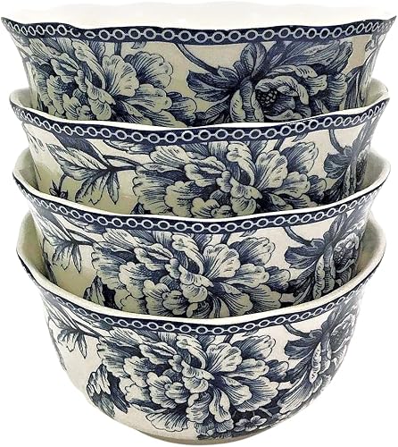 222 Fifth Adelaide Blue Toile Soup, Cereal, Salad Bowls | Set of 4 | Diameter: 5.75"