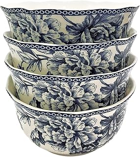 222 Fifth Adelaide Blue Toile Soup, Cereal, Salad Bowls | Set of 4 | Diameter: 5.75"
