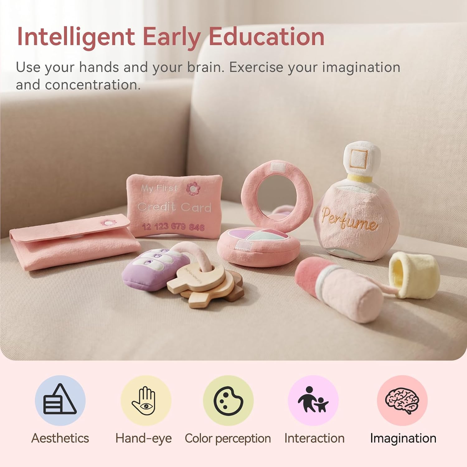Pretend Play Toy for Baby Girls & Toddlers, 6 Pcs Soft Sensory Pretend Play Set with Soft Lipstick, Mirror & Keys, First Birthday Gifts for 1 Year Old Girls