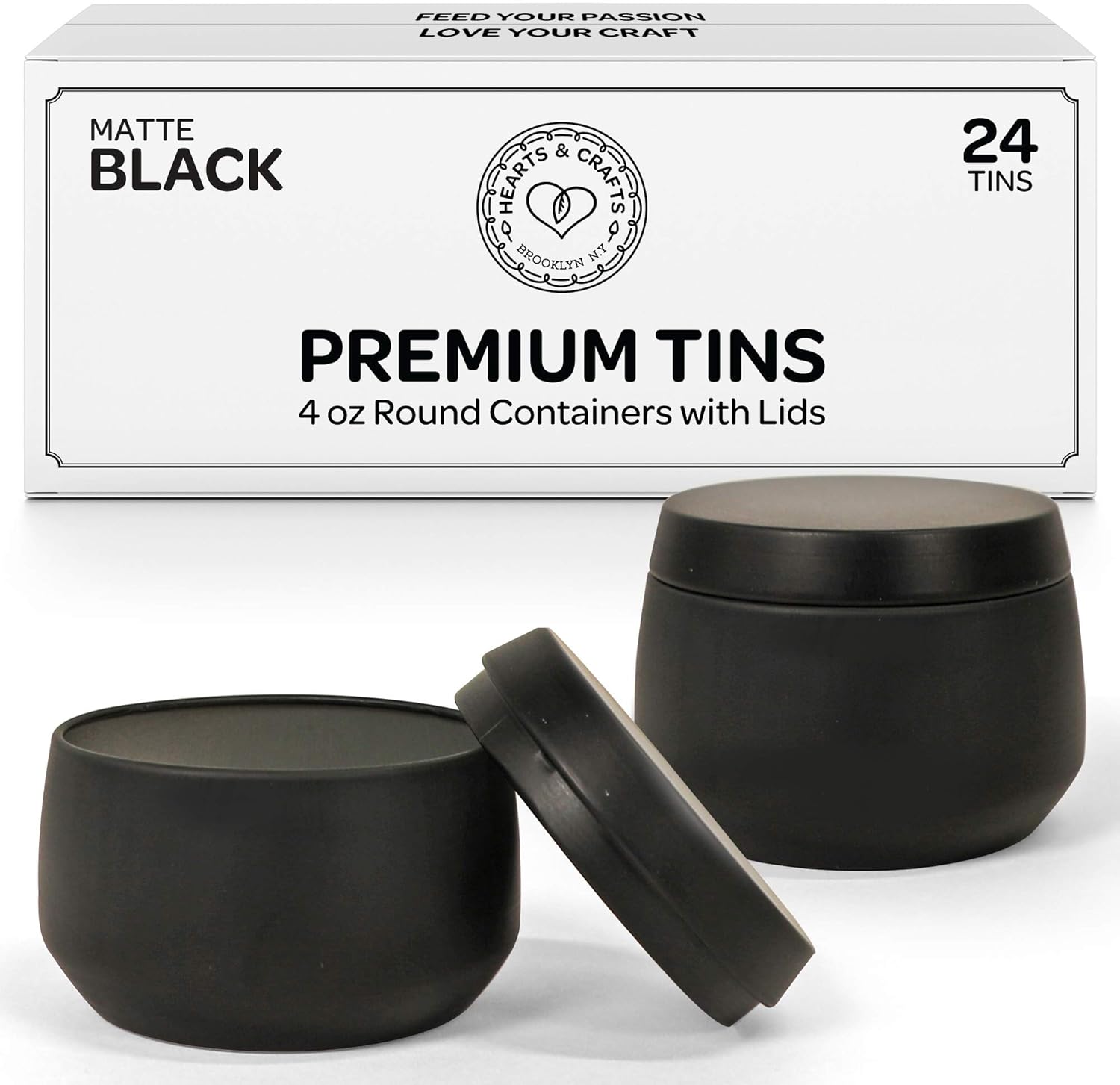 Hearts & Crafts Black Candle Tins 4 oz with Lids - 24-Pack of Bulk Candle jars for making Candles, Arts & Crafts, Storage, Gifts, and More - Empty Candle Jars With Lids Black 4oz