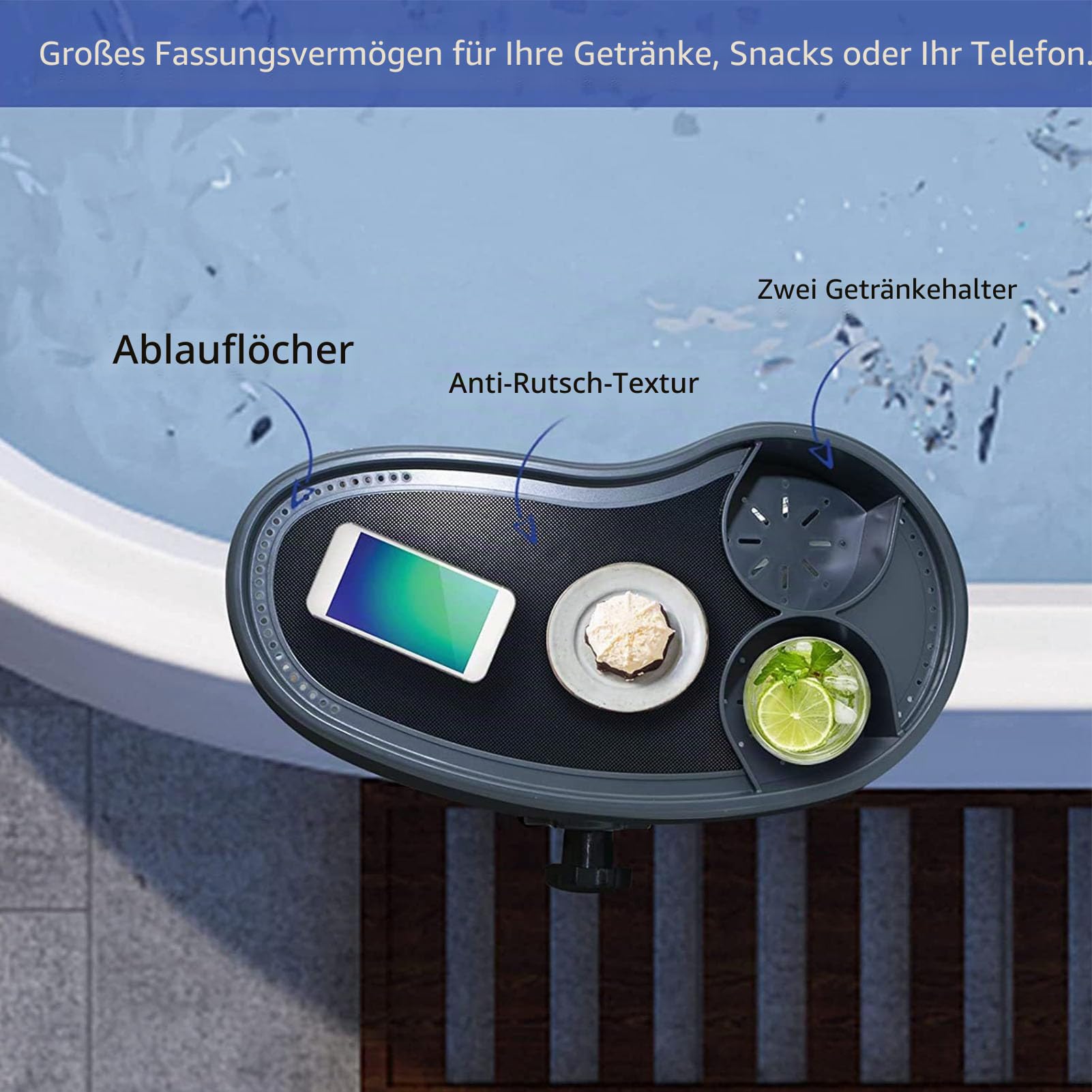 Badefass-Tablett, Rutschfestes, Verstellbares Badewannen-Serviertablett, Badefass-Tisch, Getränkehalter, Spa-Tablett, Becherhalter für Oberirdische Badewanne, Spa, Badefass