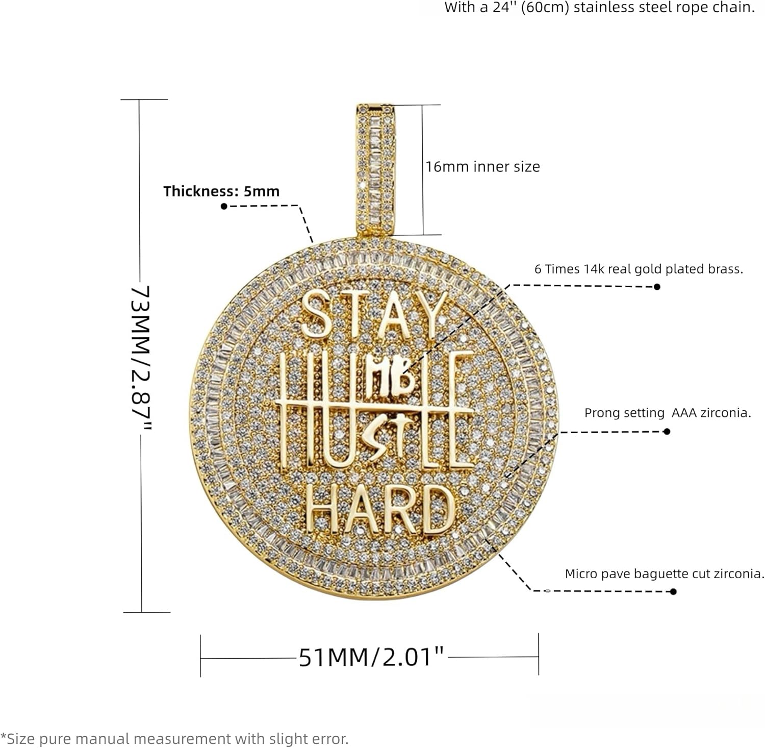 ICEDIAMOND 14K Iced Out Super Bling Round Coin Pendant Chain Necklace, Gold Plated Full Shiny CZ Diamond Encourage Charm Hip Hop Jewelry for Men Women - Image 5