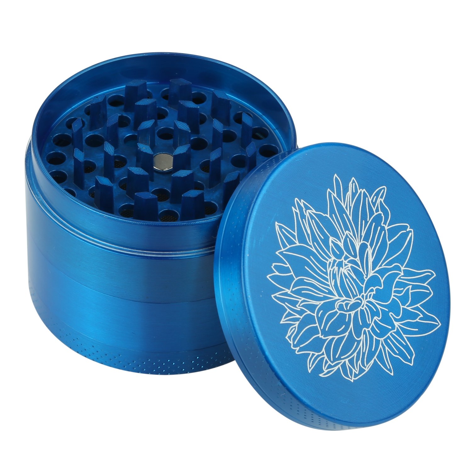 DCOU Zink-Legierung Presse mühle mit Siebgrinder robuste Zamak-Legierung Mahler Quetsche Gewürze Schleifer Ø55mm 4-teilig (Blau)