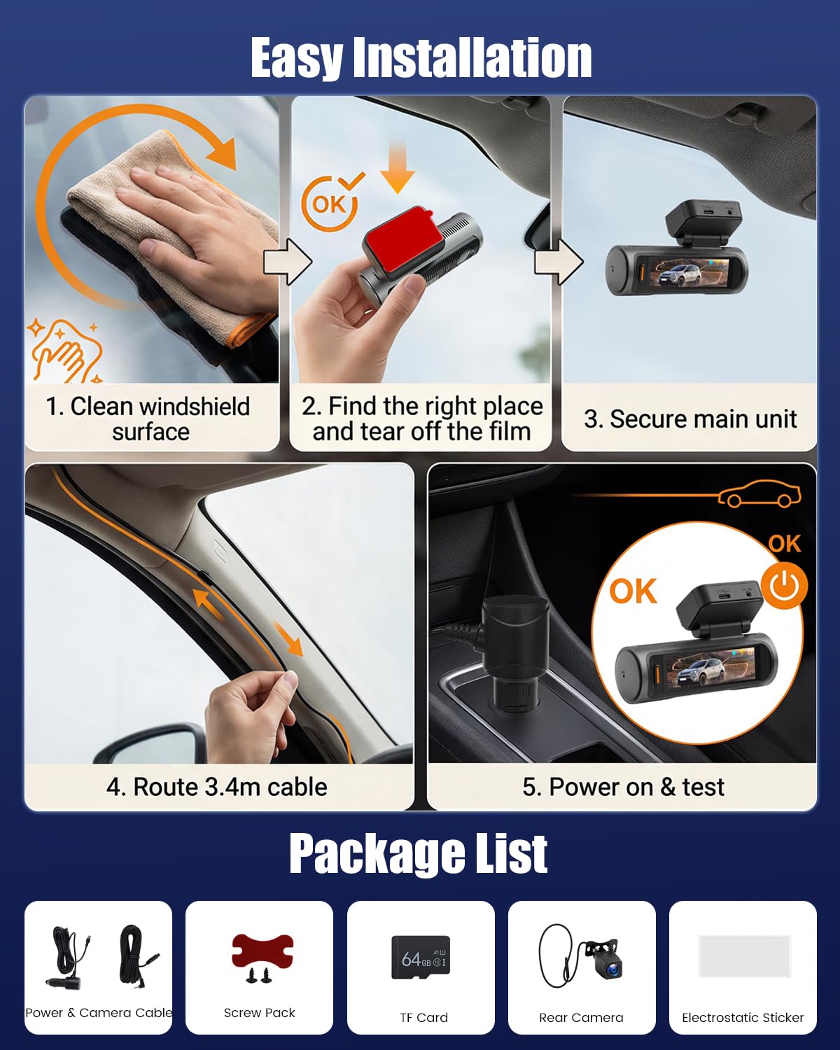 4K Dashcam Auto Anteriore e Posteriore, Dashcam Auto a doppio canale con Scheda SD da 64GB, Touchscreen IPS da 3,2", Grandangolo, Visione Notturna IR 8, Sensore G, con WiFi e Registrazione in Loop