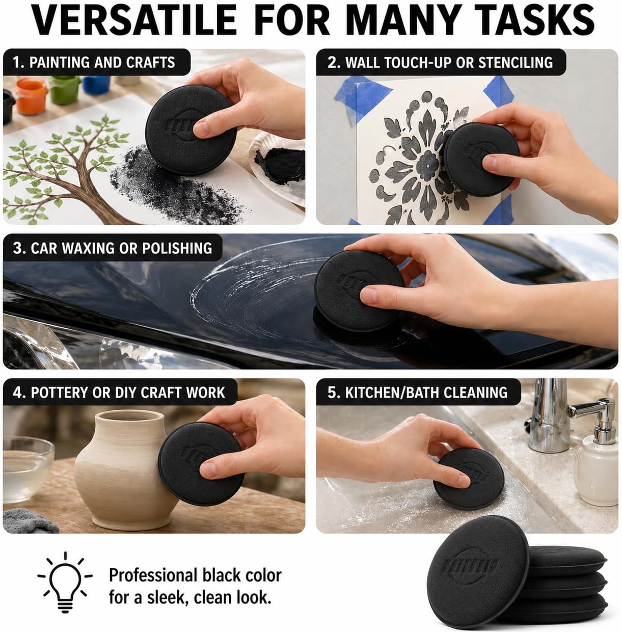 12 Pack Black Paint Sponge Applicators, Double-Side Art Craft Round Sponge for Painting, Waxing, Cleaning - 10.5cm Diameter image 5