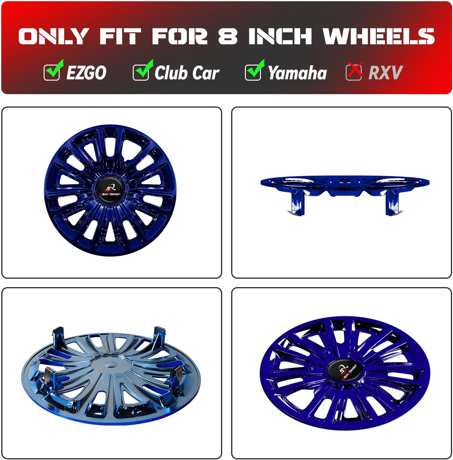 Golf Cart Hub Caps 8 Inch for EZGO/Club Car/Yamaha (Excludes EZGO RXV) Golf Cart Wheels and Tires, Snap-On Installation Wheel Covers Accessories, Premium ABS Plastic, Set of 4, Blue