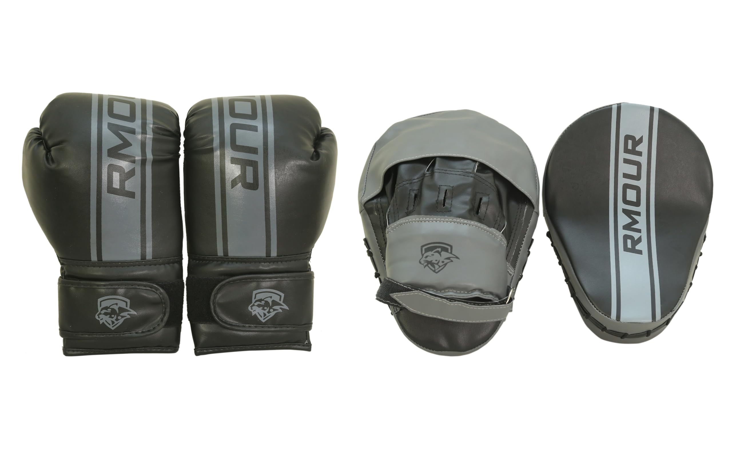RMOUR PU Punching Focus Pad/Coach Pads with 12oz Boxing Gloves for Boxing/MMA/Muay Thai/Kickboxing/Karate (Grey/Black)-image-3