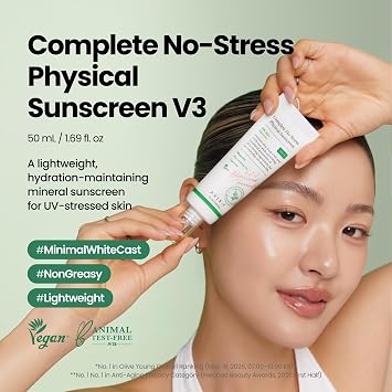 AXIS-Y Complete No-Stress Physical Sunscreen V3 - SPF 50 Face Moisturiser Mineral Sun Cream - Hydrating, Glowing, No White Cast - Vegan Korean Skincare SPF Moisturiser - 50ml/1.69 fl. oz.