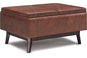 SIMPLIHOME Owen 34 Inch Wide Mid Century Modern Square Tray Top Storage Ottoman