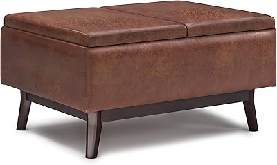 SIMPLIHOME Owen 34 inch Wide Mid Century Modern Rectangle Tray Top Small Coffee Table Storage Ottoman in Distressed Saddle Brown Vegan Faux Leather, Assembled, For the Living Room and Entryway