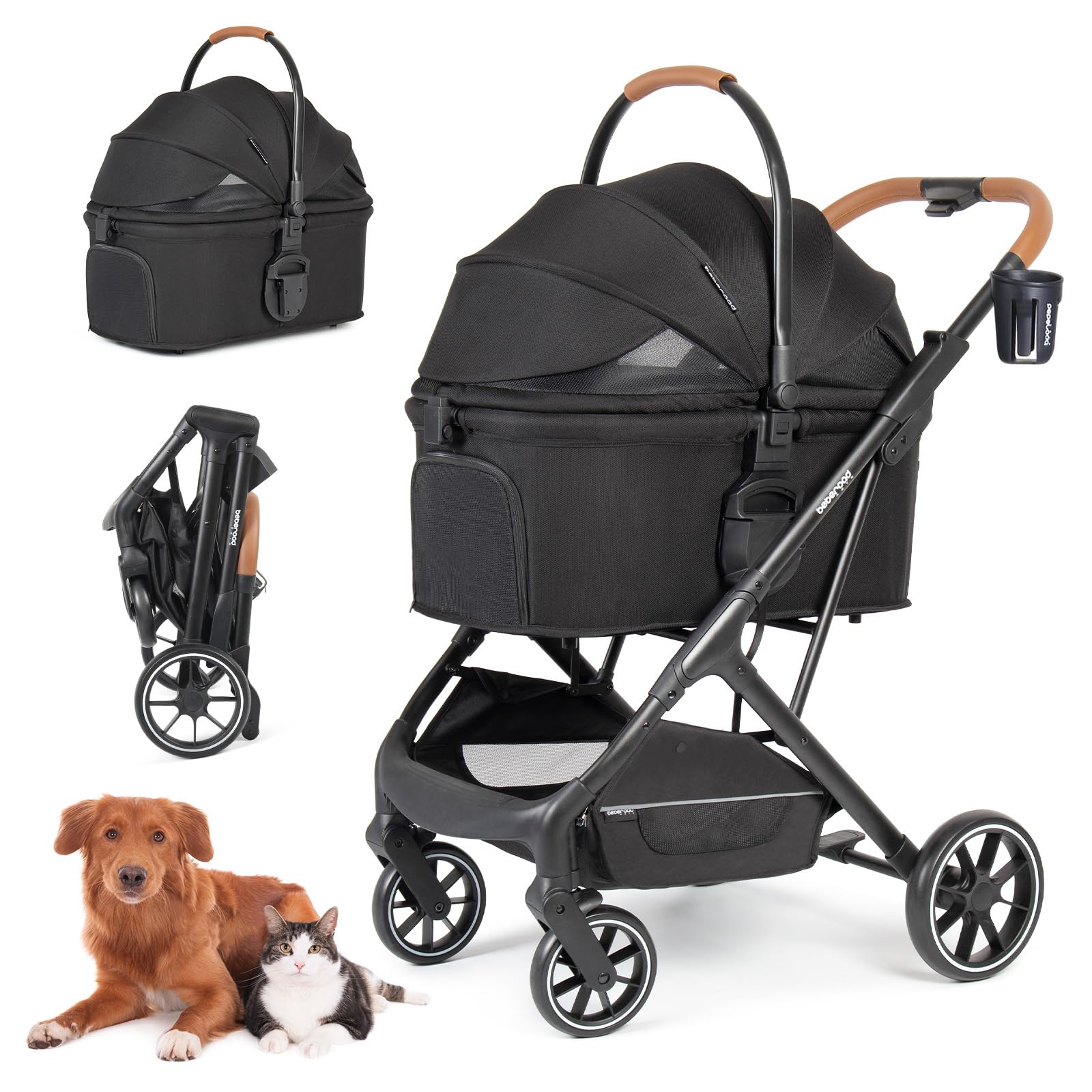 Beberoad Pets T6 Luxury Pet Stroller for Medium Dogs Up to 66lbs or 2 Small Pets – 3-in-1 Dog & Cat Stroller with Removable Carrier, Foldable &