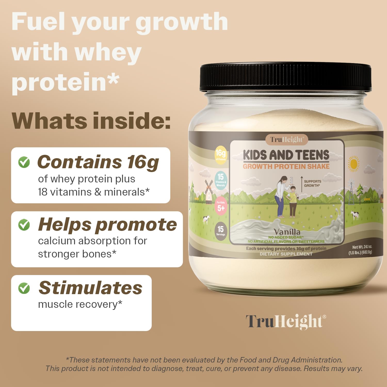 TruHeight Growth Protein Shake (Vanilla Ice Cream Flavor, Whey) Tall Nutrition for Natural Growth & Development - Protein Powder for Kids & Teens, Weight Gain Drinks - Picky Eater Vitamin, Ages 4+ - Image 3
