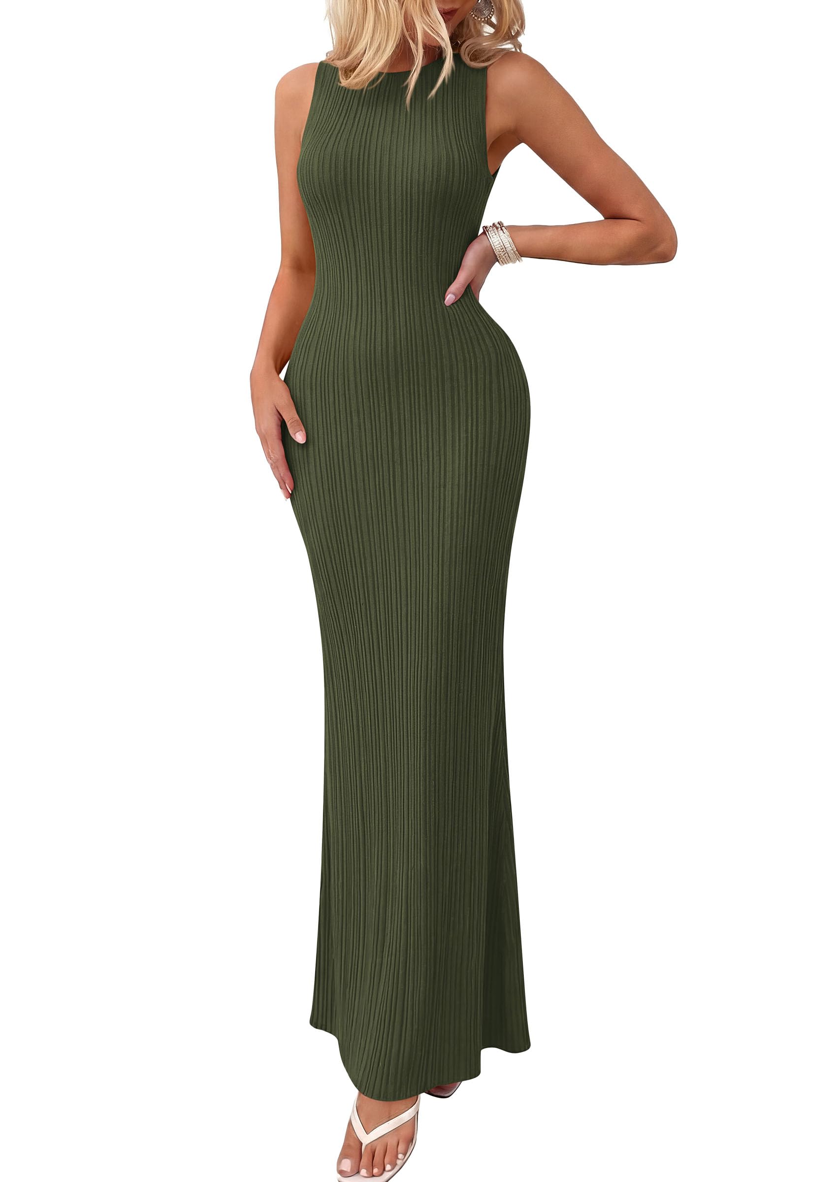 PRETTYGARDEN Women's Knit Bodycon Maxi Going Out Dresses | Ribbed Textured, Sleeveless Tank Dress, Fitted Long Sundresses, Casual Elegant, Summer Date