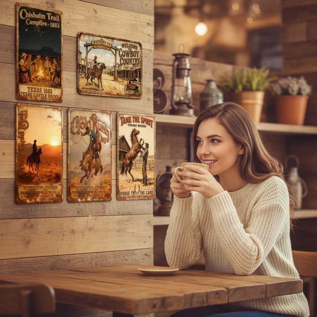 Retro Western Cowboy Wall Art - Distressed Metal Signs for Home Bar, Bedroom & Living Room - 5-Pack, 8x12 Inch