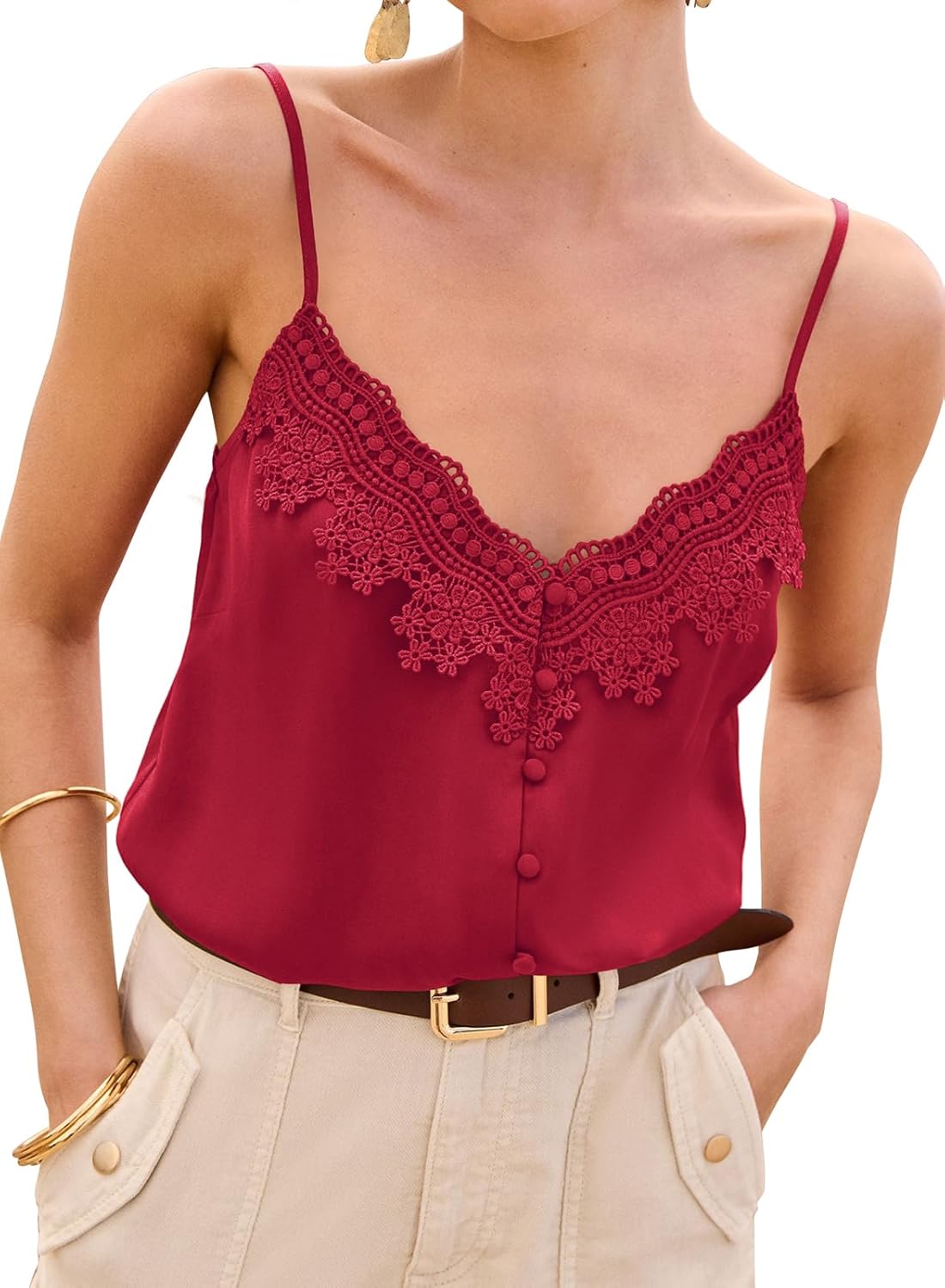 miduo Womens Satin V Neck Lace Trim Buttoned Cami Spaghetti Strap Camisole Sleeveless Tank Tops