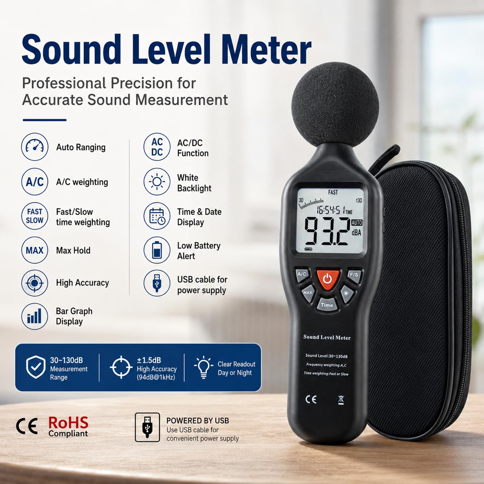 GAIN EXPRESS Handheld Digital Sound Tester poziomu hałasu, kalibrator do miernika poziomu dźwięku 94 dB i 114 dB wyjście klasa I w/bateria +/- 0,3 dB system pomiarowy