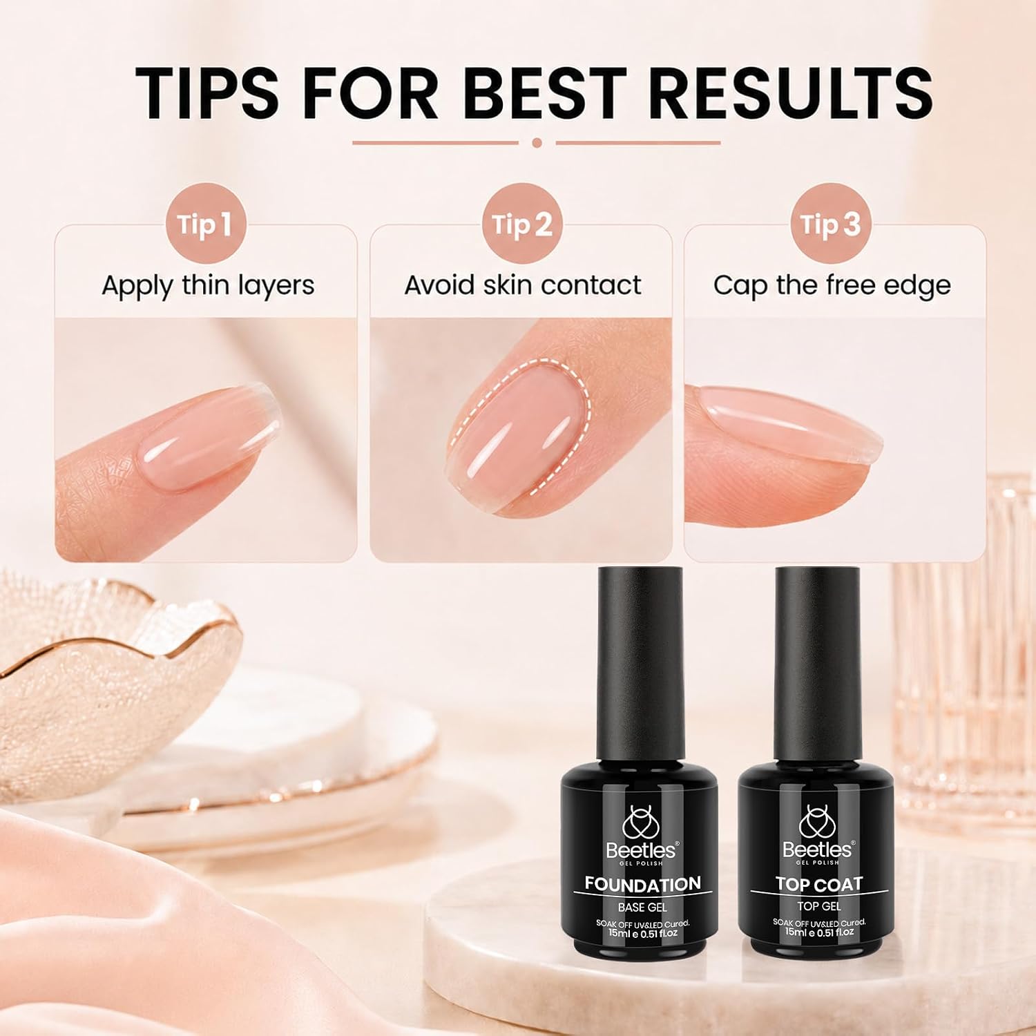 Beetles Gel Top Coat and Base Coat Set - 2 Pcs 15ml No Wipe Top Coat Gel Nail Polish Shine Finish and Long Lasting, Soak Off LED Nail Lamp Finish Nail Art Design Manicure Diy at Home