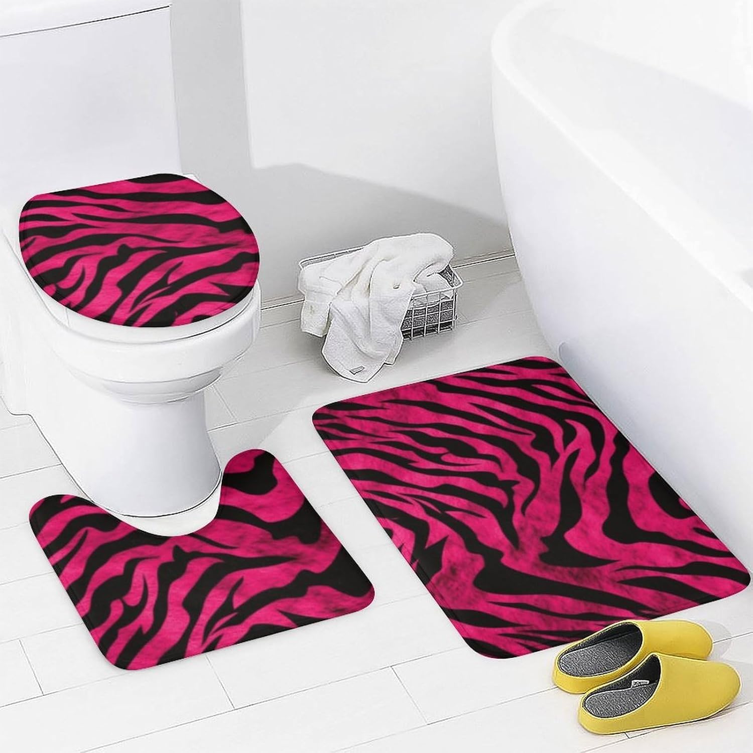 Zebra Tiger Leopard Shower Curtain Set 4 Piece, Non-Slip Bath Mat with Toilet Lid Cover and Waterproof Shower Curtain with 12 Hooks, Complete Bathroom Set for Home Decor