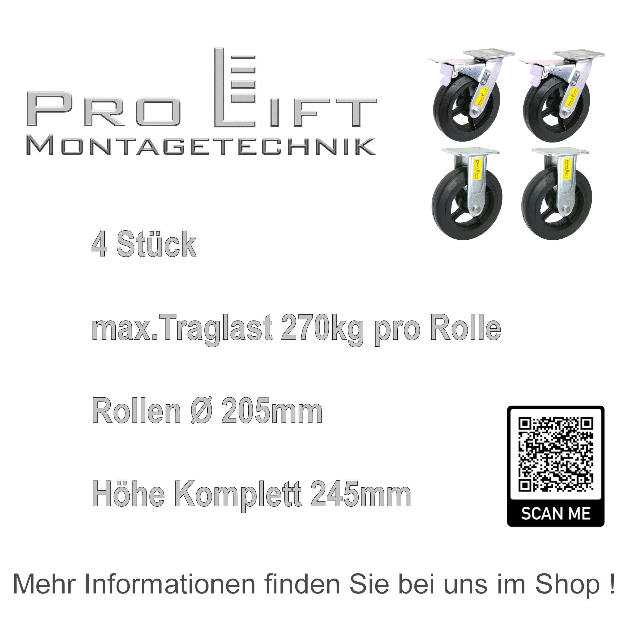 4 Stück: je 270kg Schwerlastrollen, 2 Lenk + 2 Bock, Vollgummi, Doppelbremse, 01556