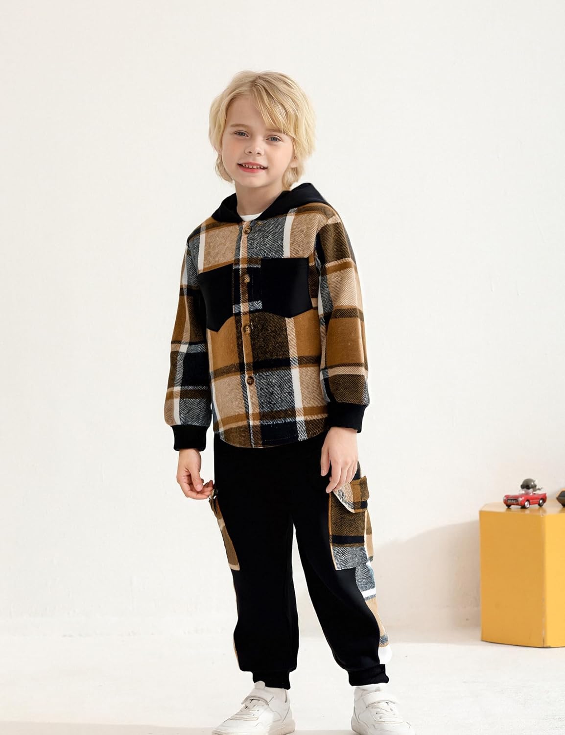 Boy Clothes Flannel Plaid Shirt Tops Pants Set Hoodie Sweatsuit+White T-shirt 3Pcs for Fall Winter Spring Outfits - Image 5