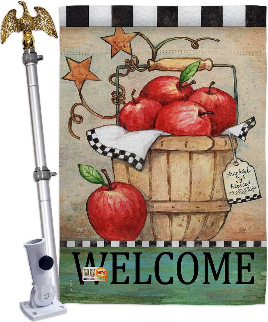 Fruits Apple Basket House Flag Dowel Set Food Pineapple Strawberry Watermelon Tropical Aloha Summer Small Decorative Gift Yard Banner Made In USA 28 X 40