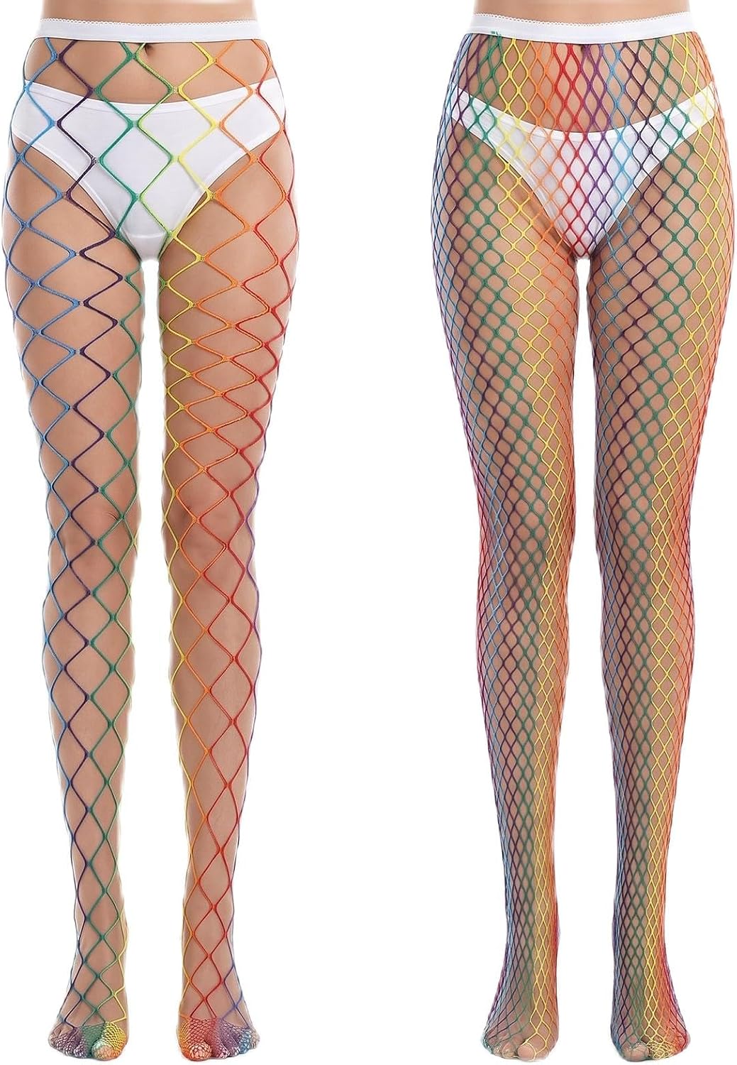 2 Pairs Rainbow Fishnet Socks with Medium Large Fishnet Sizes, Rainbow Fishnet Tights for Women, High Waist Tights Fishnet Stocking for Halloween Lgbtq Pride Funky Style Parties Raves Festivals