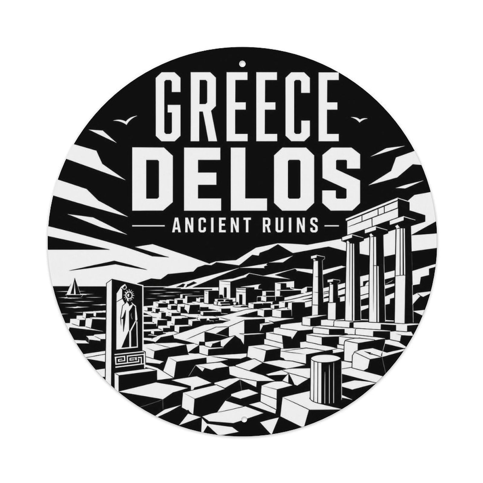 Delos Ancient Ruins Greek Black White City Landmark Metal Tin Sign
