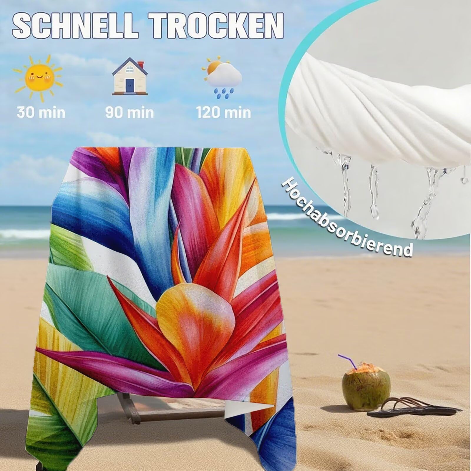 Serviette Plage Tropical Motif, Serviette de Plage XXL 90x180 cm avec Sac, Serviettes de Bain Microfibre Séchage Rapide Anti-Sable Absorbante Fonction pour Bain, Sport, Voyages, Sauna, Piscine Q-802