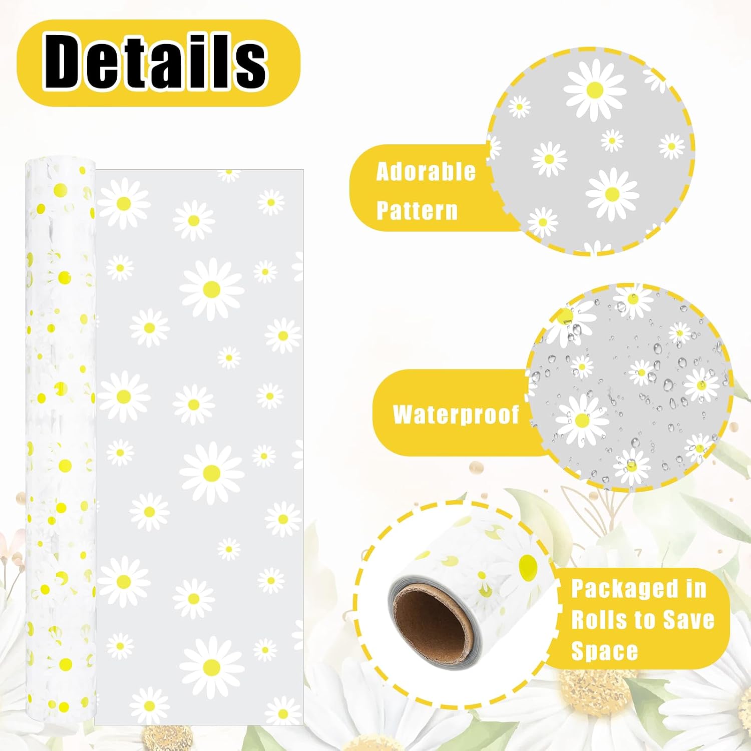 Whaline Daisy Cellophane Wrap Roll 100ft x 16 In 2.5Mil Thick Cellophane Paper Crystal Floral Clear Cello Wrapping Paper for Spring Treats Gifts Bouquet Flower Basket Party Favor