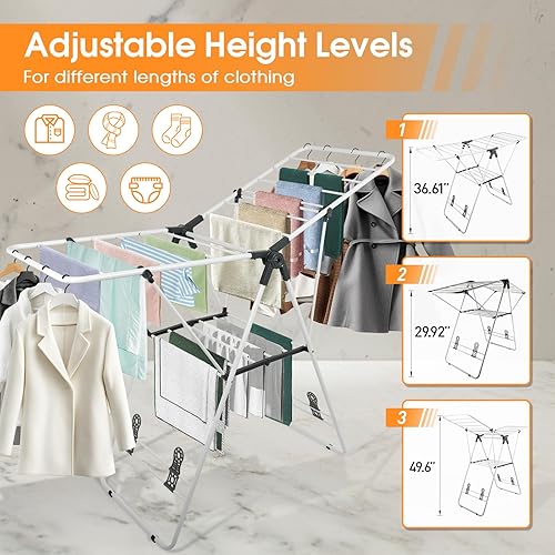 Miniatura 3 de Tendedero plegable de metal, con alas ajustables en altura, ahorro de espacio, uso en interiores y exteriores, color blanco